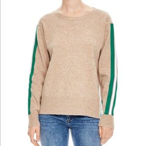 Sandro amour tan brown green white stripe long sleeves crewneck wool sweater top